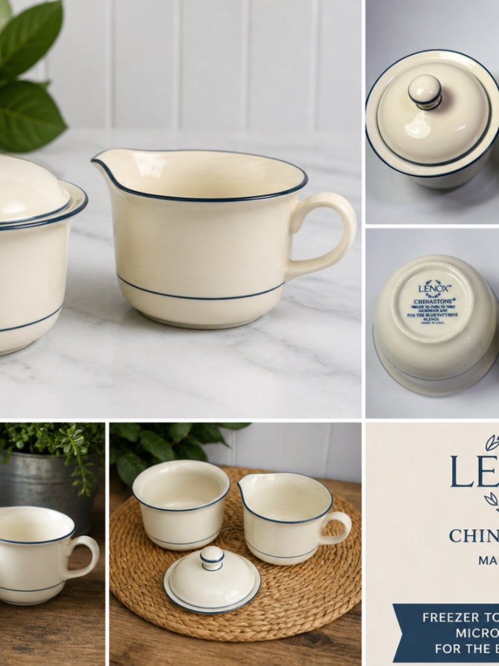 SC-14-Vintage-Lenox China stone Sugar and Creamer Set Blue Trim USA